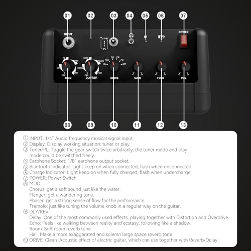 VEDO Mini Guitarra Baixo Amplificador Multi-Purpose, Multi-Efeitos, Delay, Reverb, Echo, Flanger, Co
