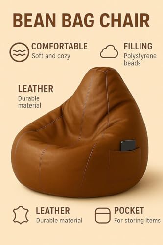 Bean Bag Chair | Gaming Seat with Side Pocket | Premium Leatherette, Washable Cover, Double Stitching | for Lounge & Bedroom | Cover Only (Free Pillow & Footrest, No Beans) (Tan, XL) - Image 5