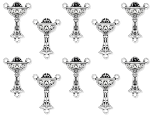 Pack of 10 - First Holy Communion Chalice Sacrament Rosary Center Piece Rosary Connector, 7/8" Silver Oxidized - Made in Italy2