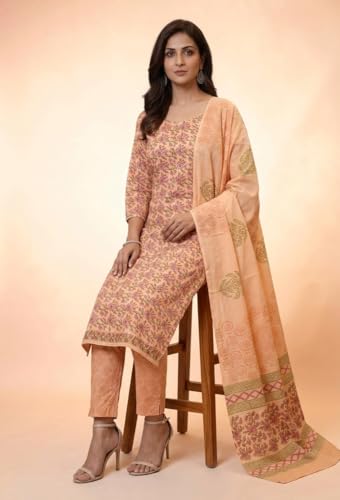 Image of Eddika women unstitched hand block printed cotton suit set with mulmul dupatta ehbpcswmd0120P