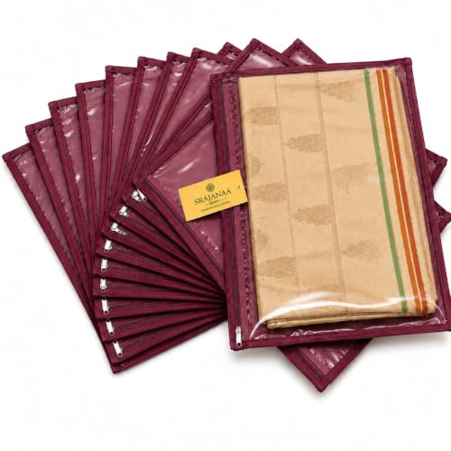 Image of Non-Woven Saree Cover Bag Set of 12 with Transparent Window & Smooth Zipper | Maroon Wardrobe Organizer for Sarees, Dresses, Lehengas & Ethnic Wear | Reusable Storage Bags