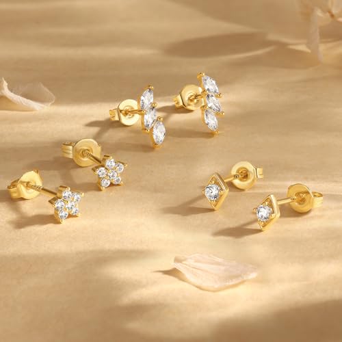 QUINBY Earrings For Women Trendy 14k Gold Plated Stud Earrings Set Hypoallergenic﻿ Cartilage Stud Earring Cubic Zirconia Sterling Silver Earring Set For Multiple Piercing3
