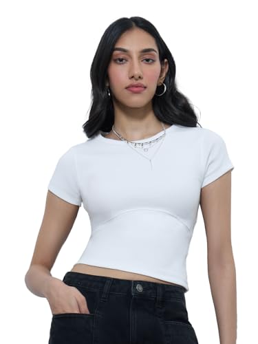 T-shirt côtelé col rond manches courtes coton uni femmes filles