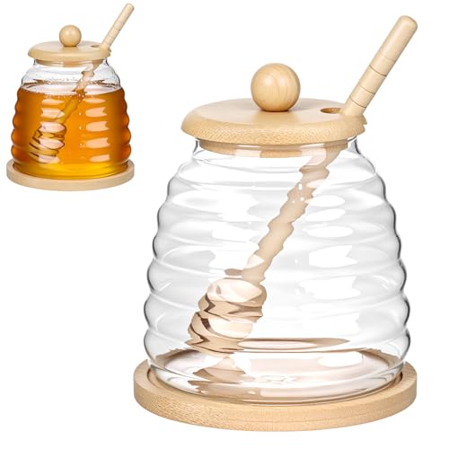 QWORK 500 ml Glass Honey Pot with Lid and Spoon High Borosilicate Glass Honey Jar for Storing and Dispensing