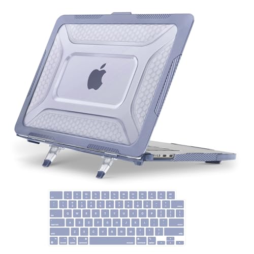 MOSISO Compatible with MacBook Air 15 inch Case 2025 2024 2023 M4 A3241 M3 A3114 M2 A2941, Honeycomb Shockproof Heavy Duty TPU Bumper Plastic Hard Case with Fold Kickstand&Keyboard Cover,Lavender Gray