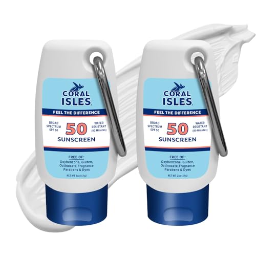 Coral Isles Reef Safe Sunscreen SPF 50 – Hawaii Compliant, Broad Spectrum UVA/UVB Protection, Water Resistant (80 Min), Non-Greasy, No White Cast, Sensitive Skin & Face, 2 Fl Oz (2-Pack)