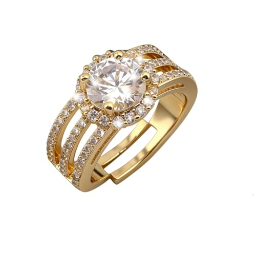 UZYXC Bague Triple Rangée de Zirconia & Bague de Fiançailles Ajustable pour Femmes – Avec 3 Rangs de Pierres Étincelantes en Or/Argent, Imperméable &...
