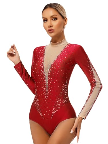 Lejafay Tanzanzug Für Damen Rhythmische Sportgymnastik Wettkampf Langärmeliger Body Mit Glitzernden Steinen Tänzerin Anzug Sxxl Rot XL