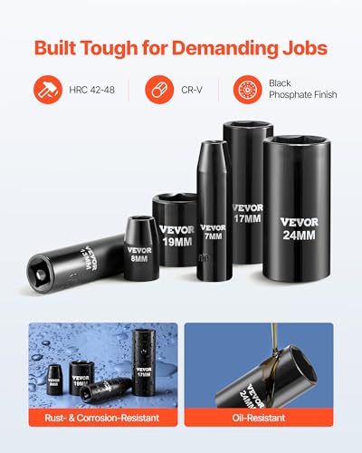 Image of VEVOR Impact Socket Set 3 /8 inch Drive, 64-Piece Standard SAE (5 /16 to 1 inch) & Metric (6 to 24 mm) Size, Deep & Shallow, 6 Point, CR-V, Ratchet Handle, Extension Bars, Universal Joint, Adapters