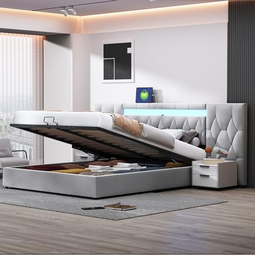 Elegante cama tapizada de 180 x 200 cm, con respaldo grande, cama de terciopelo con LED y enchufe USB, sistema de almacenamiento hidráulico, cama clásica (gris)