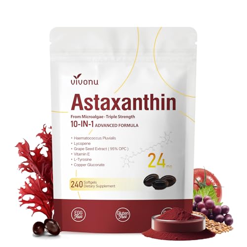 10 in 1 Astaxanthin Supplements 24mg, 4 Month Supply, Astaxantina Antioxidant from Fresh Haematococcus Pluvialis, Contains Lycopene, Grape Seed, Vitamin E, & More Supports Eye, Joints, Skin Health
