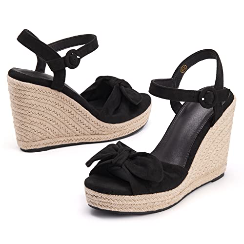 Coutgo Womens Espadrilles Wedges Bow Platform Sandals Open Toe Ankle Strap Summer Dress Heels Cute Shoes 6