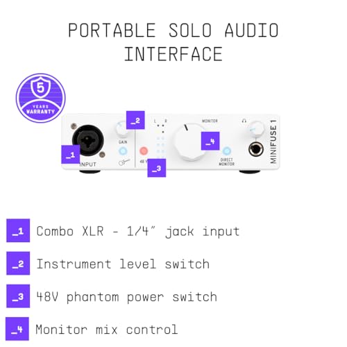 Image of Arturia MiniFuse 1 - Compact USB Audio Interface with Creative Software for Recording, Production, Podcasting, Guitar - White | USB-C 1x Combo Xlr and Input, 48V Phantom, Headphone and Stereo Outs, Loopback, 110 Db Dynamic Range, Bundled Software