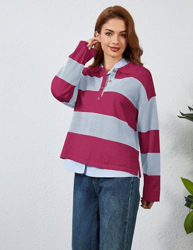 Image of Womens Striped Sweater Rugby Polo Shirts Y2k Collar Pullover Tops | Rugby Shirt,Long Sleeve Knit Top,Lapel V Neck Jumper,Oversized,Casual Outings Streetwear,Preppy Sweater,Fall Winter Clothes