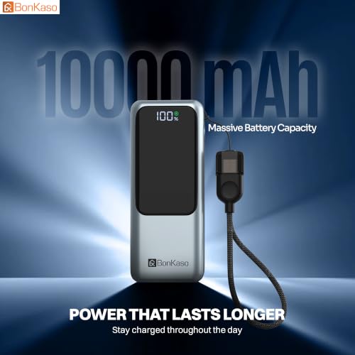 Image of Bonkaso 10000mAh 22.5W PD Power Bank with Inbuilt Type-C to Type-C Cable, Digital Display, USB-A & Type-C Output, Compact Metallic Grey Portable Charger for Mobiles, Tablets & Type-C Devices