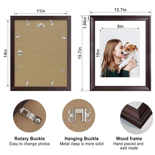 Image of iRahmen 11x14 Vintage Picture Frame with Mat 8x10 - High Definition Tempered Glass Wooden Photo Frames for Wall Mounting (Dark Brown, Set of 4)