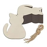 Creaides 20pcs Cat Wood DIY Crafts Cutouts Wooden Cat Shaped Hanging Ornaments with Hole Hemp Ropes Wood Tags for Pets Themed Birthday Halloween Christmas Party Decoration