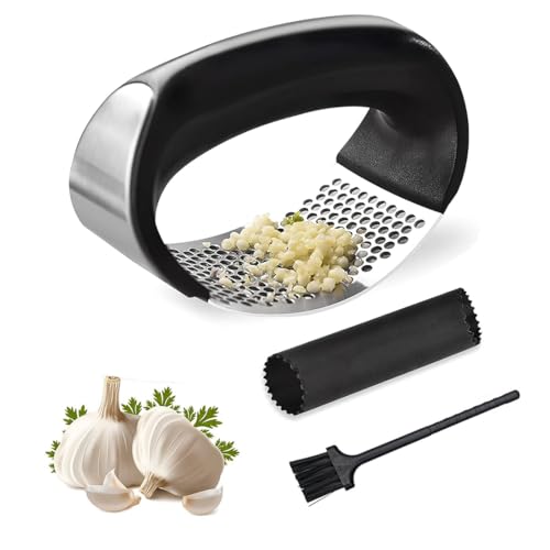 Maven Gifts Garlic Press Garlic Crusher Kitchen Garlic Rocker 304 Stainless Steel Garlic Mincer Tool Easy-Squeeze Garlic Tool with Peeler and Cleaning Brush for Smashing Garlic