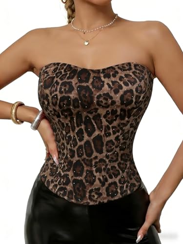 KBBYT Sexy Womens overbust Corset Rhinestone Top with Adjustable Zipper & Fishbone Boning - Lingerie for Clubwear & Dates (US Alpha Large Regular Regular Leopard print)