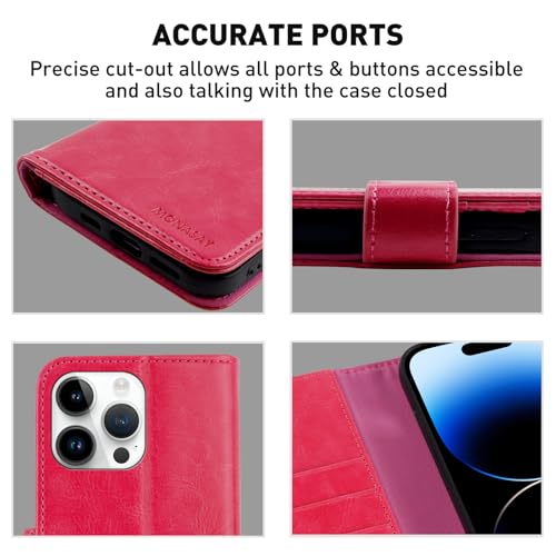 Image of MONASAY Vegan Leather Fit for iPhone 14-Pro 5G Wallet Case, 6.1-inch, [Glass Screen Protector Included] [RFID Blocking] Flip Folio Phone Cover with Credit Card Holder,Hot-Pink