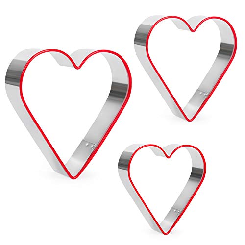 Juego de 3 cortadores de galletas de corazón para el día de San Valentín, cortador de galletas de acero inoxidable con PVC ecológico rojo, 10,8 cm, 8,7 cm, 5,7 cm