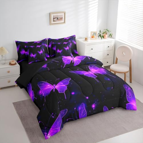 Image of Neon Purple Butterflies 7 Pieces Bedding Set Queen Size,Starry Sky Bed in a Bag,Outer Space Galaxy Bed Set Includes Comforter,Sheet Set,Pillowcases & Pillow Covers,Elegant Wildlife Bedroom Decor