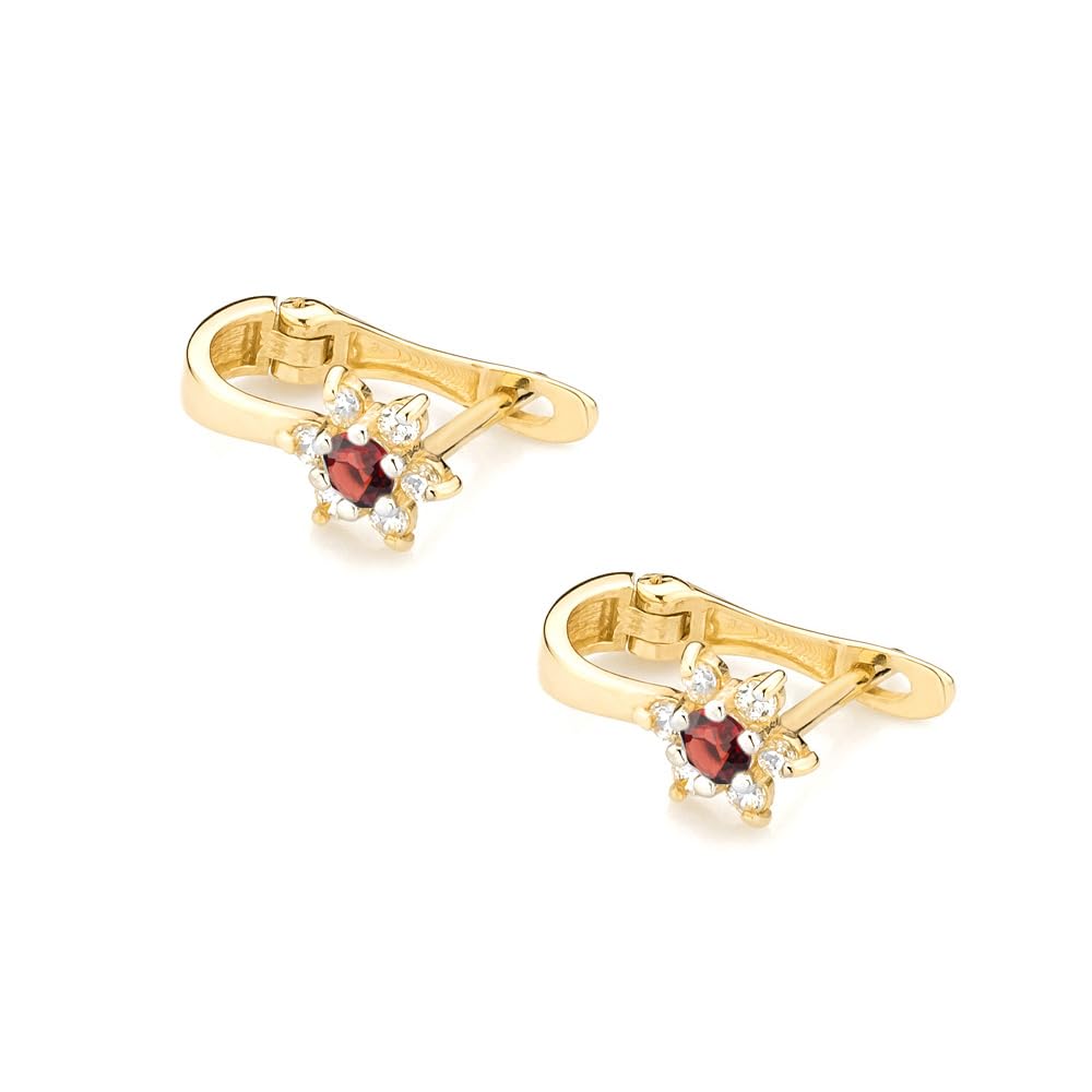 Kinder Ohrringe 333 Gelbgold (8K) Blume mit Rotem Zirkonia – Mädchen Ohrringe mit englischem Verschluss 10 mm, filigraner Schmuck Geschenk zur Kommunion & Taufe