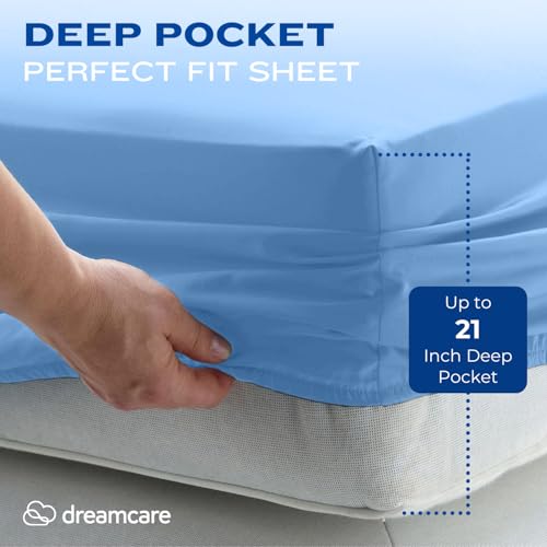 Image of DREAMCARE Twin XL Sheet Sets - 4 pcs Breathable Cooling Sheets - up to 21 inch Deep Pocket Twin XL Sheets Set with Side Pockets - Extra Soft 100% Brushed Hypoallergenic Hotel Luxury Bedding - L. Blue