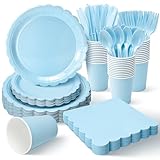 Vyntra 350 Pcs Light Blue Disposable Paper Plates and Napkins Set for 50, 9' Dinner Plates & 7' Dessert Plates, Tableware for Baby Shower, Birthday, Picnic, Party