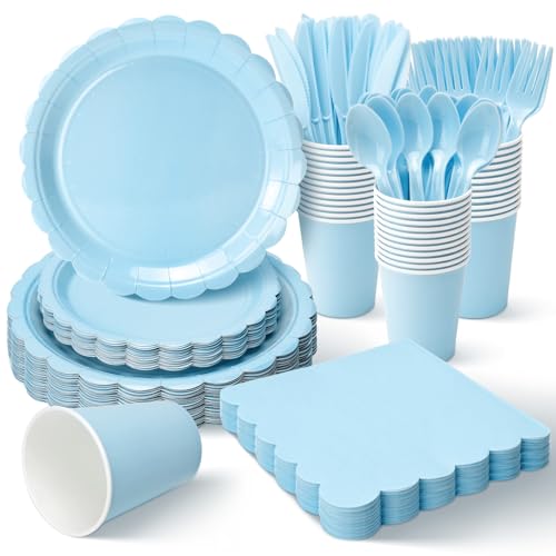 Vyntra 350 Pcs Light Blue Disposable Paper Plates and Napkins Set for 50 9 Dinner Plates & 7 Dessert Plates Tableware for Baby Shower Birthday Picnic Party