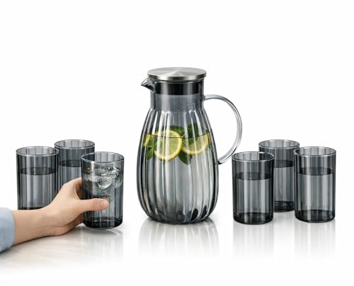 Image of Wringo Premium 7pc Crystal Water Jug with Glass Set and Jug Set Combo,Freezer Safe and Dishwasher Safe (6 Pieces Glasses 200ML and 1 Water Juice Jug 1.8 Liter), Transparent, Glass and Jug Set (WS-23)