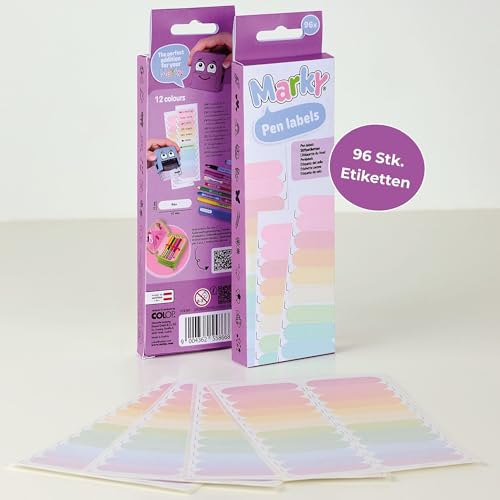 COLOP Marky Pen Labels | 96 Stifte-Etiketten in 12 verschiedenen Pastell-Farben | zur Beschriftung von Stiften | perfekt fĂĽr die Schule | 10 x 42 mm