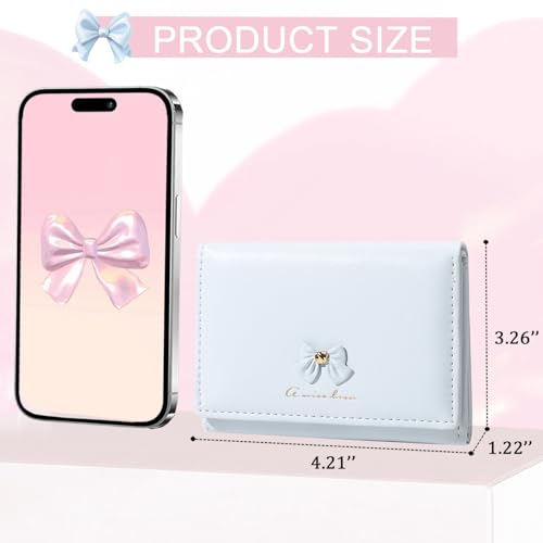 Small Wallet with Coquette Bow Cute Wallet ID Credit Card Slots for Women Girls (BLUE)3