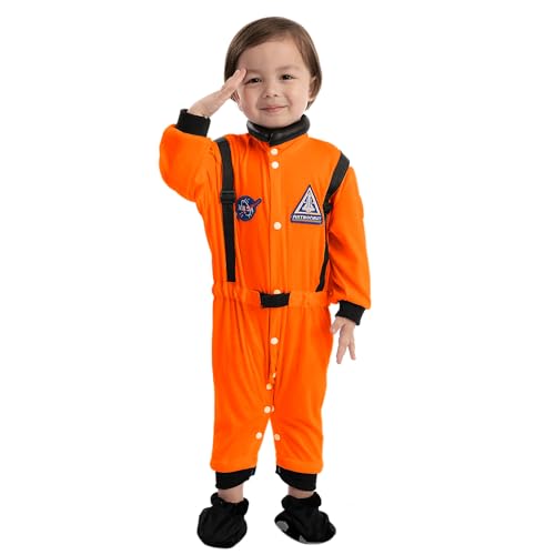 Spooktacular Creations Toddler Halloween Astronaut Costume, Baby OrangeJumpsuit, Pilot Costume with Boots for Infant Roleplay, Dress-Up, Career Themed Party (Large (18-24 Mos))