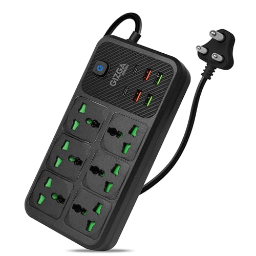 Image of Gizga Essentials 2500W /10A Extension Board | Universal 6 Sockets with 2 Type C & 4 USB A for Office & Home Appliances | Surge Protector Power Strip with 2M Cord, Child Safety Shutter, Spike Guard