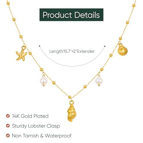 Gold Shell Necklace for Women - 14k Gold Plated Seashell Charm Necklaces,Dainty Non Tarnish Stainless Steel Beach Vacation Choker Jewelry Gift,Ocean Sea Shell Starfish Charms Cute Necklaces for Summer4