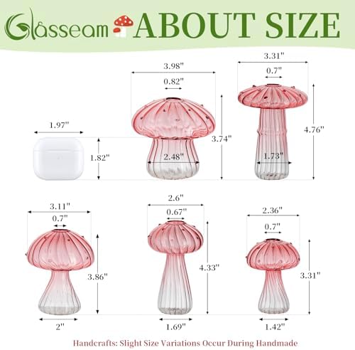 Glasseam Mushroom Plant Propagation Stations: Pink Glass Terrarium Jar Set of 5 Cute Planters for Indoor Plants Decorative Propagate Station Unique Christmas Birthday Gifts for Women Home Office Decor — view 4