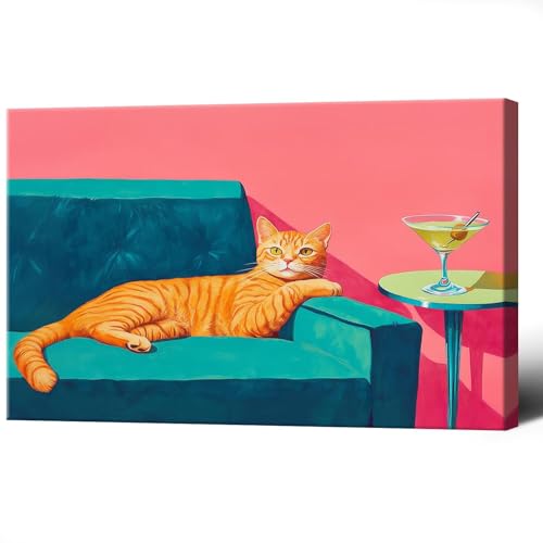 Maximalist Wall Decor, Mid-Century Ginger Cat With Martini Art Print,