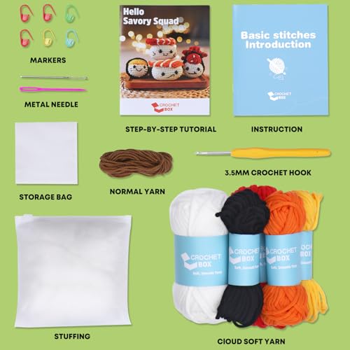 Crochet Kit for Beginners: 4 PCS Sushi Crochet Kits, Learn to Crocheting, Starter Knitting Kit for Adult Kids with Step-by-Step Video Tutorials and Yarns, Hook, Accessories(30%+ Yarn)