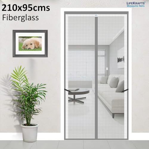 Image of LifeKrafts Mosquito Net Curtain for Door | Magnetic Closure, 120 GSM Fiberglass Material, Grey (210x95 cm)