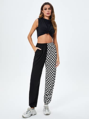 Sweatyrocks Women's Elastic Waist Color Block Checkered Print Jogger Sweatpants With Pocket Black White Xl #TOP4