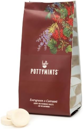 Potty Mints Ambientador disoluble para inodoro  Evergreen + Grosella  Larga duración, no tóxico  Fabricado en los Estados Unidos  Embalaje discreto,