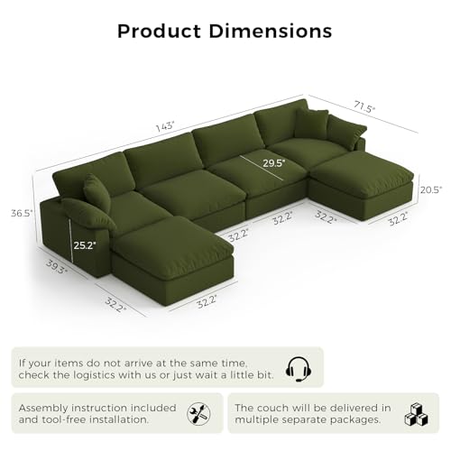 Image of Modern Modular Sectional Sofa U-Shaped 6-Seat with Ottoman,Green-Extra Comfty Deep Seat Couch for Living Room,Apartment,Office & Small Spaces