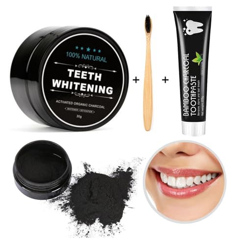Pemarlis 2 Kit Blanqueador Dental Carbón Activo + 1 Cepillos de Dientes de Bambú +1 Activated Charcoal Toothpaste,Polvo de carbón blanqueante,Removes smoke stains and coffee stains
