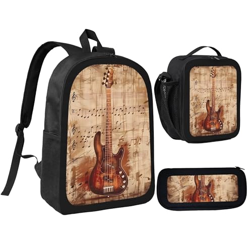 Retro Music Guitar 3 Pcs 17 Inches Backpack Set With Insulated Lunch Bag And Pencil Pouch Large Back Pack For Men Women Lunchbox Pencil Case Waterproof Backpacks Lunch Box 3 Piece Daypacks