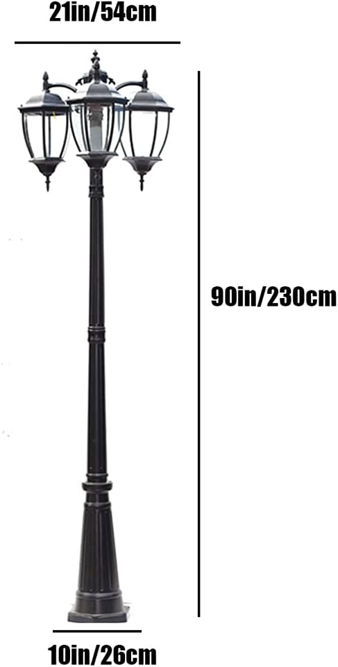 Outdoor Street Light, Waterproof, Aluminium, Three Heads, Classic Design, Black, for Fences, Walkways, Height 230 cm, Height 230 cm