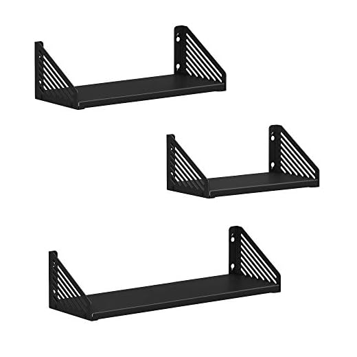 SONGMICS vägghyllor, uppsättning av 3, flytande hyllor av metall, för dekoration, tavelramar, souvenirer, entré, hall, vardagsrum, sovrum, badrum, svart LFS023B01
