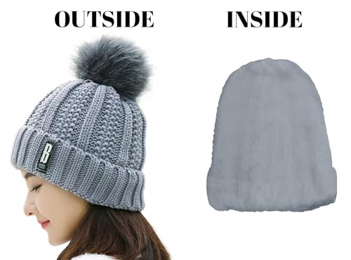 Image of SYGA Winter Beanie Hat for Women Warm Thick Cotton Lining Knit Bobble Pom Pom Skull Cap Fleece Lined Warm Cap Outdoor Sports Hat for Ladies Women Girl Free Size