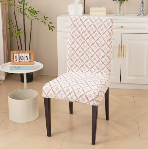 Image of HOMETHREADS Stretchable Elastic Jacquard Chair Seat Cover | Removable, Washable & Durable Chair Protector | Ideal for Dining Room, Kitchen, Restaurant & Party Chairs (F Beige, Pack of 4)
