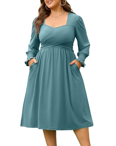 AMCLOS Women's Plus Size Casual Dress 2 Pockets Square Neck Back-Tie Crosswrap Bodice Elegant Work Business Long Sleeve